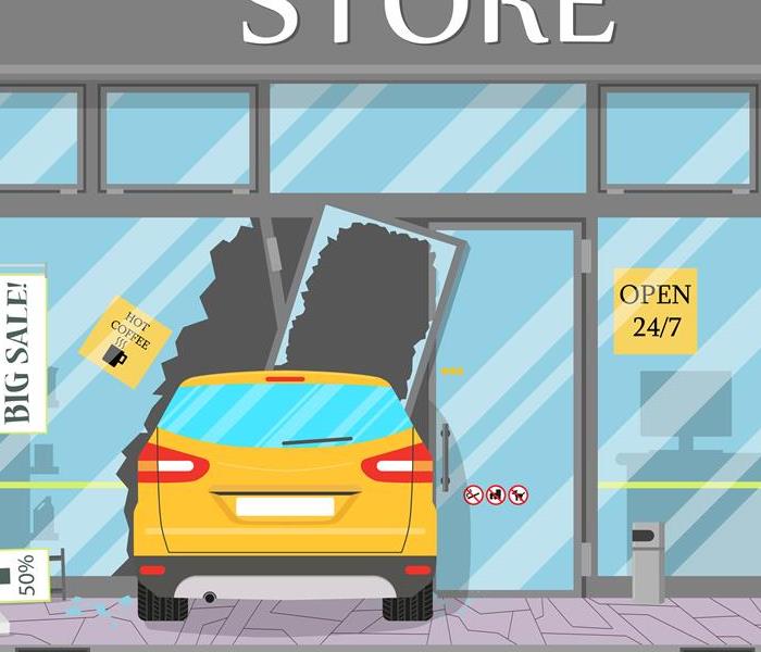 A cartoon image of a car crashing through a store window.